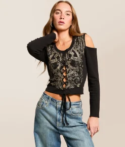 Affliction Constant Pillar Cold Shoulder Top Black Heavy Soft Wash New
