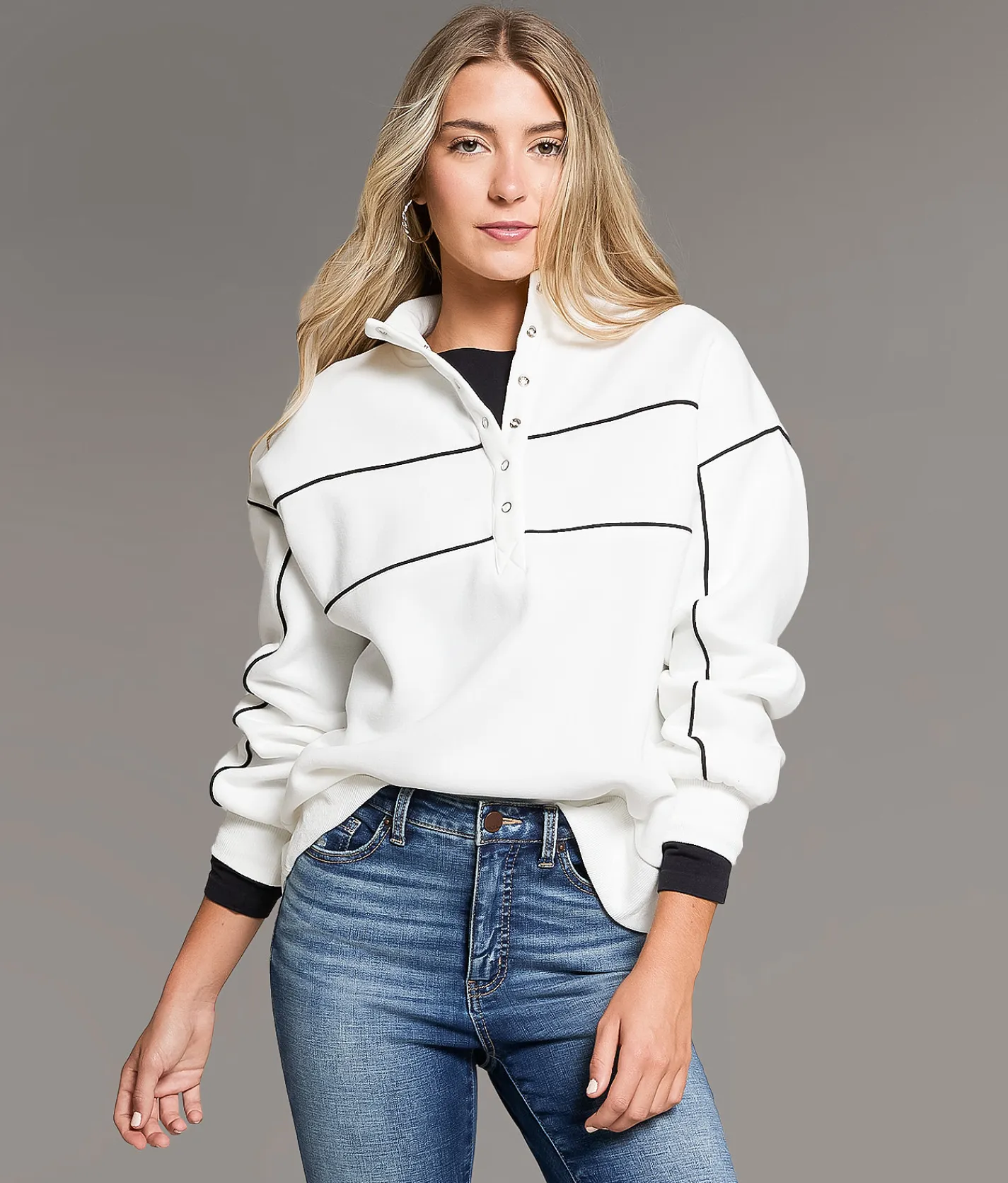 Tops | BKE Contrast Piping Half Snap Pullover Dark Forest