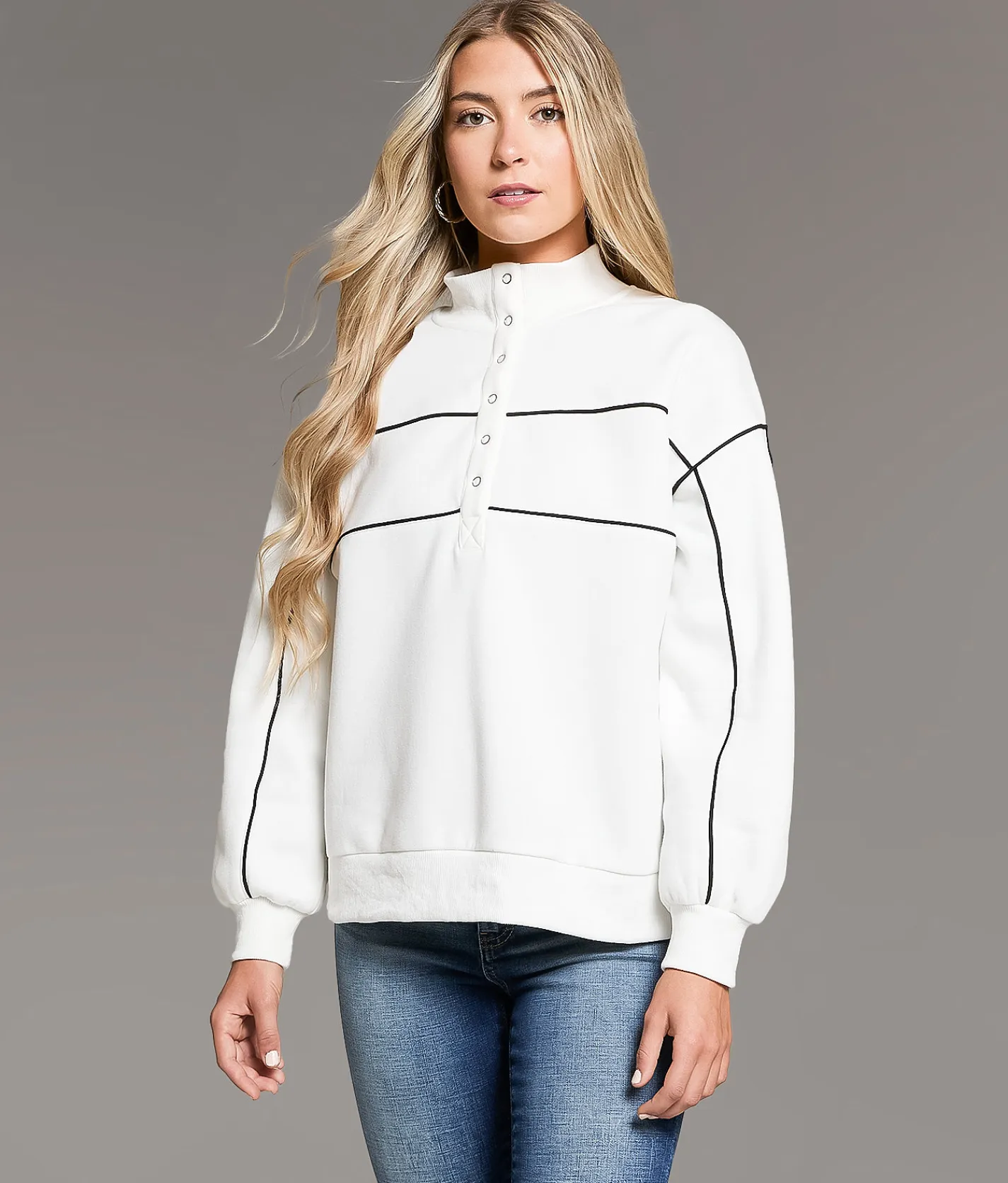 Tops | BKE Contrast Piping Half Snap Pullover Dark Forest