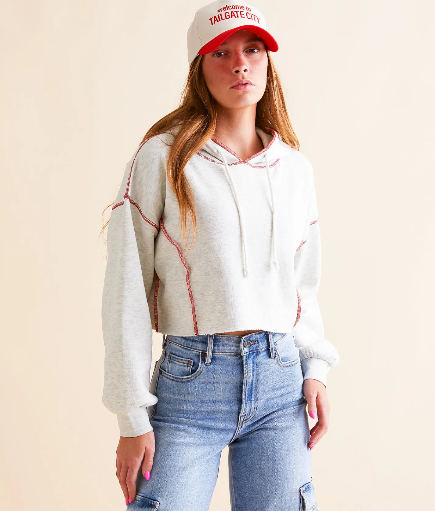 Tops | FITZ + EDDI Contrast Seam Cropped Hoodie Heather Grey