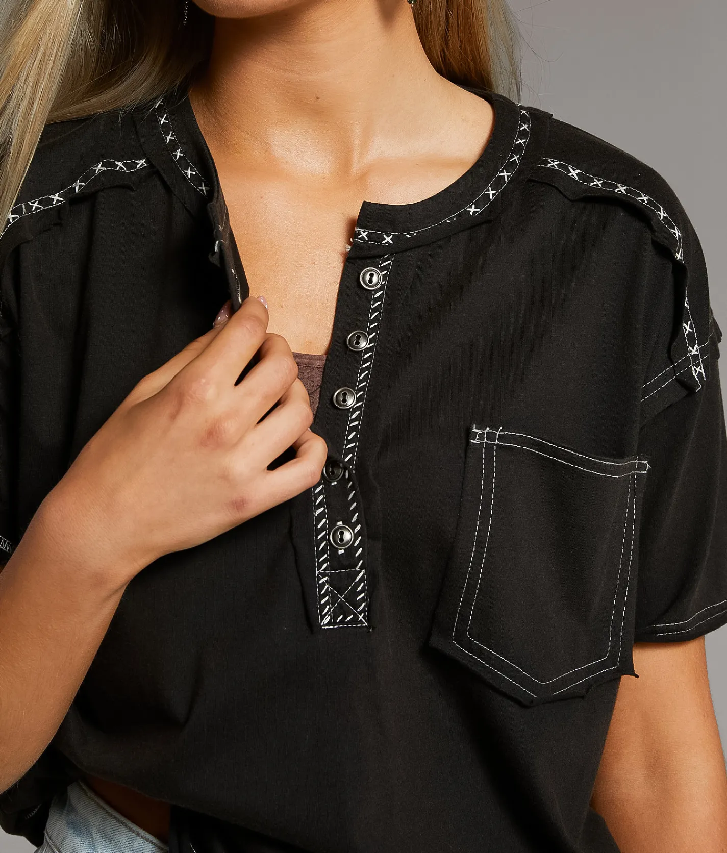 Tops | BKE Contrast Stitch Henley Washed Black