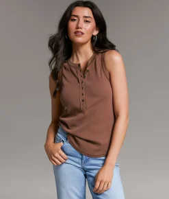 Tops | BKE Contrast Stitch Henley Tank Top Nutmeg