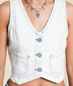 Tops|Coats & Jackets | HIDDEN Contrast Stitch Stretch Denim Vest White