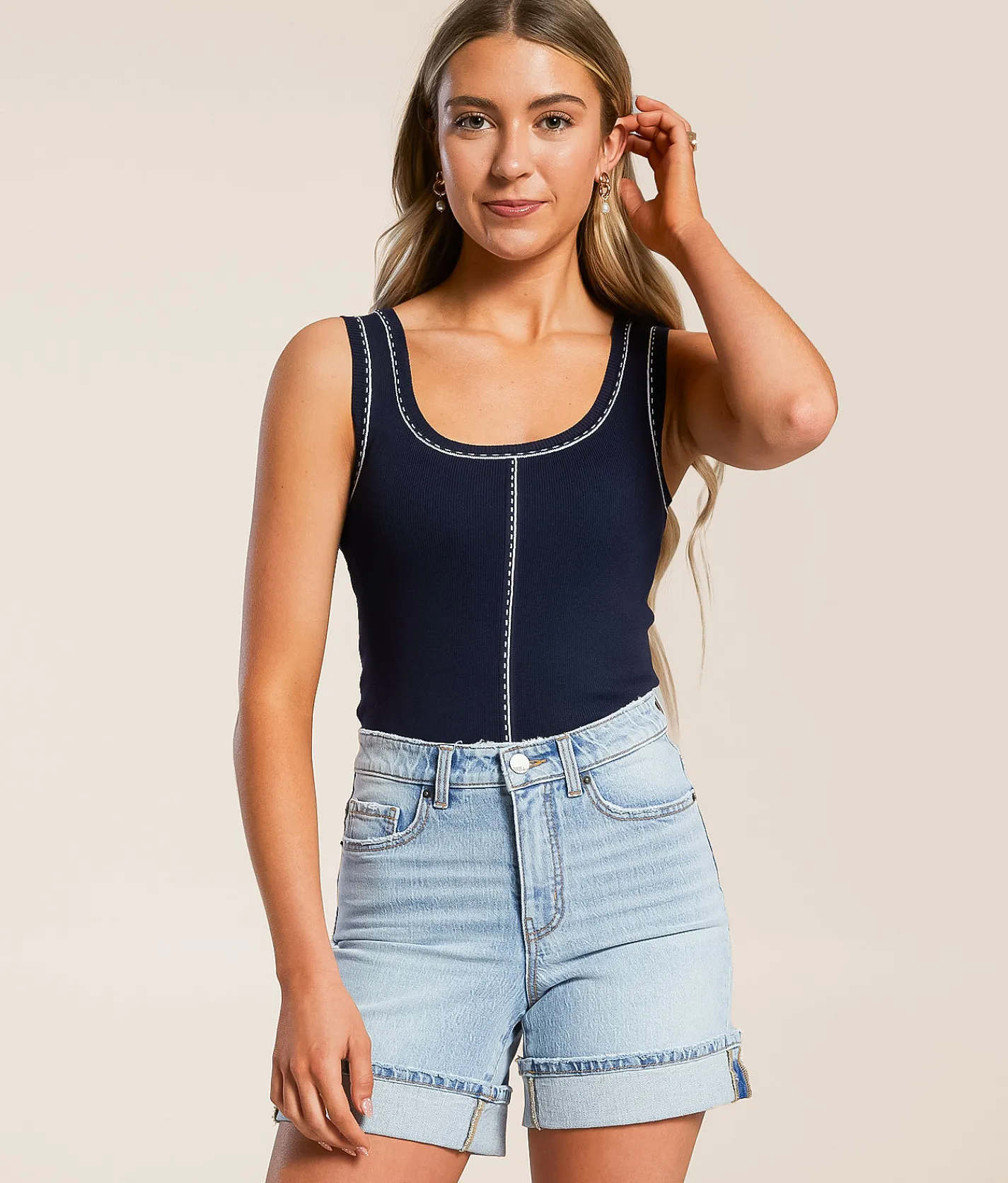 Blu Pepper Contrast Stitch Tank Top Navy Sale