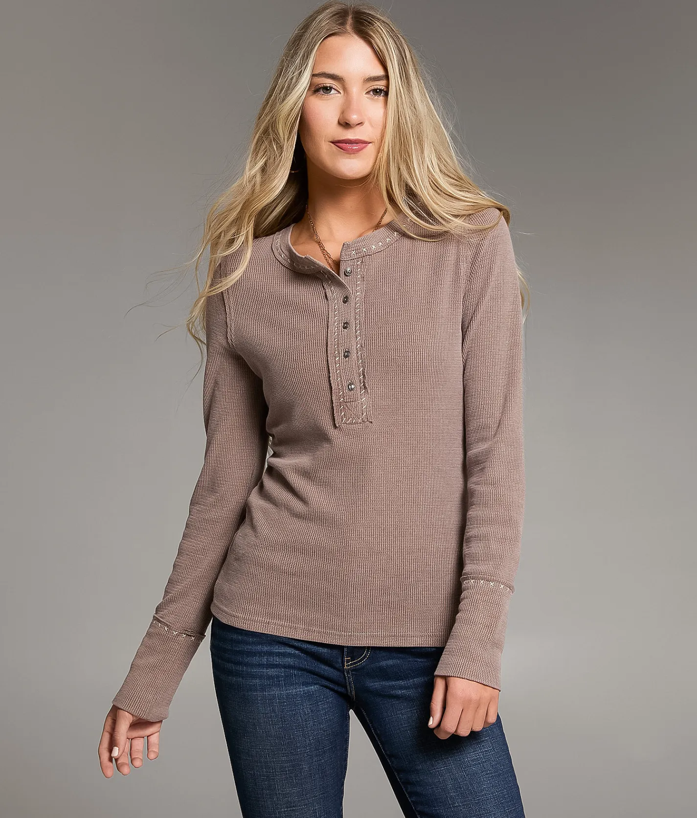 BKE Contrast Stitch Thermal Henley Peppercorn Discount