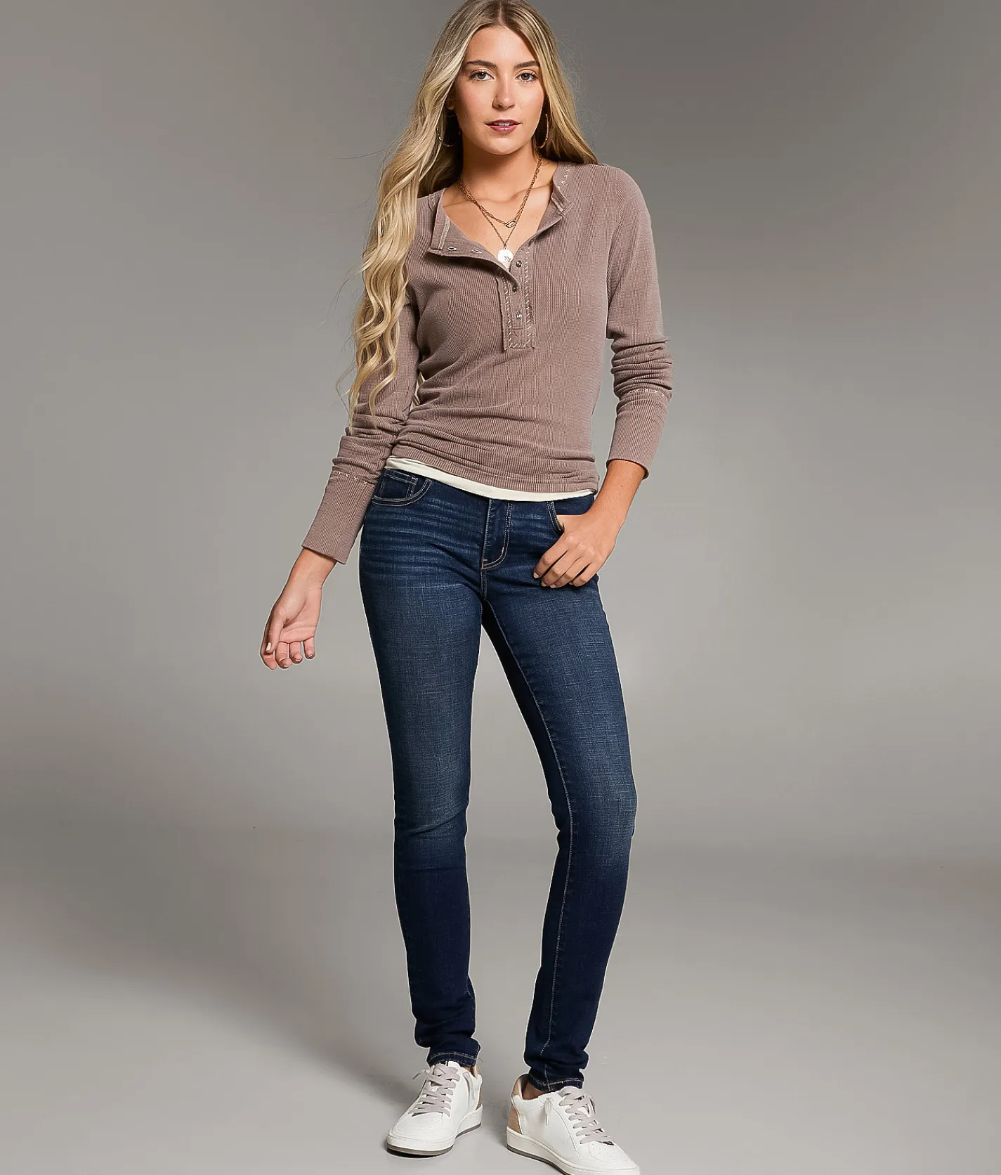 BKE Contrast Stitch Thermal Henley Peppercorn Discount