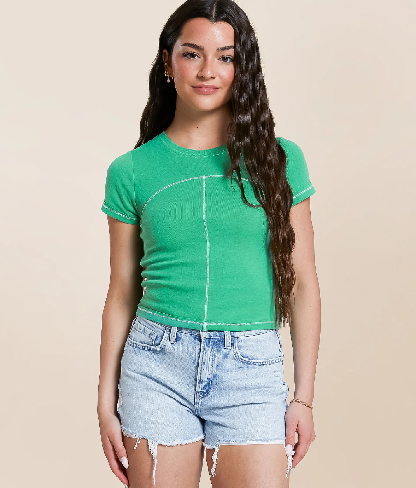 Tops | FITZ + EDDI Contrast Stitch T-Shirt Green Spruce