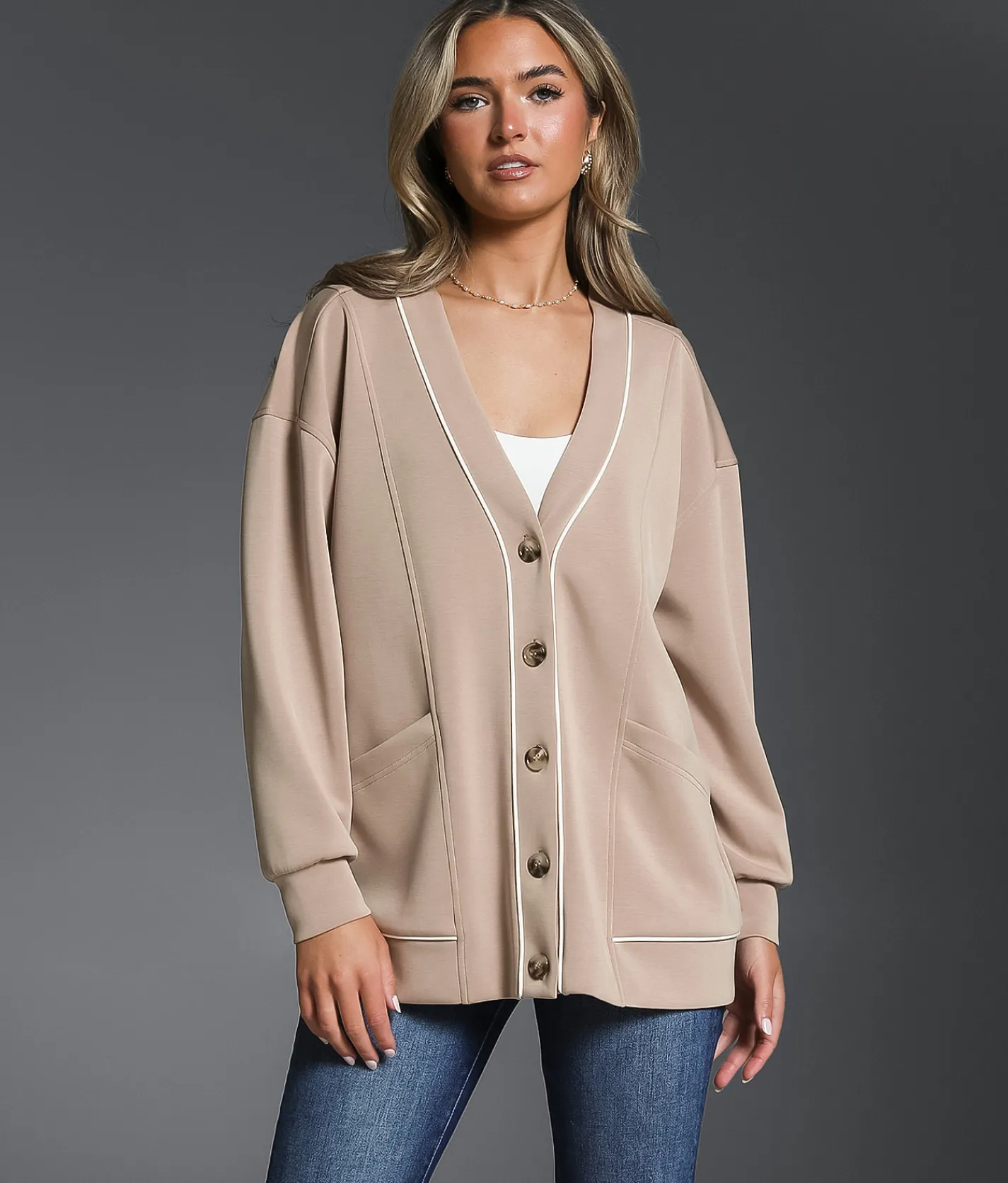 Buckle Black Contrast Trim Cardigan Cobblestone Best