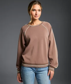Tops | Buckle Black Contrast Trim Pullover Deep Taupe