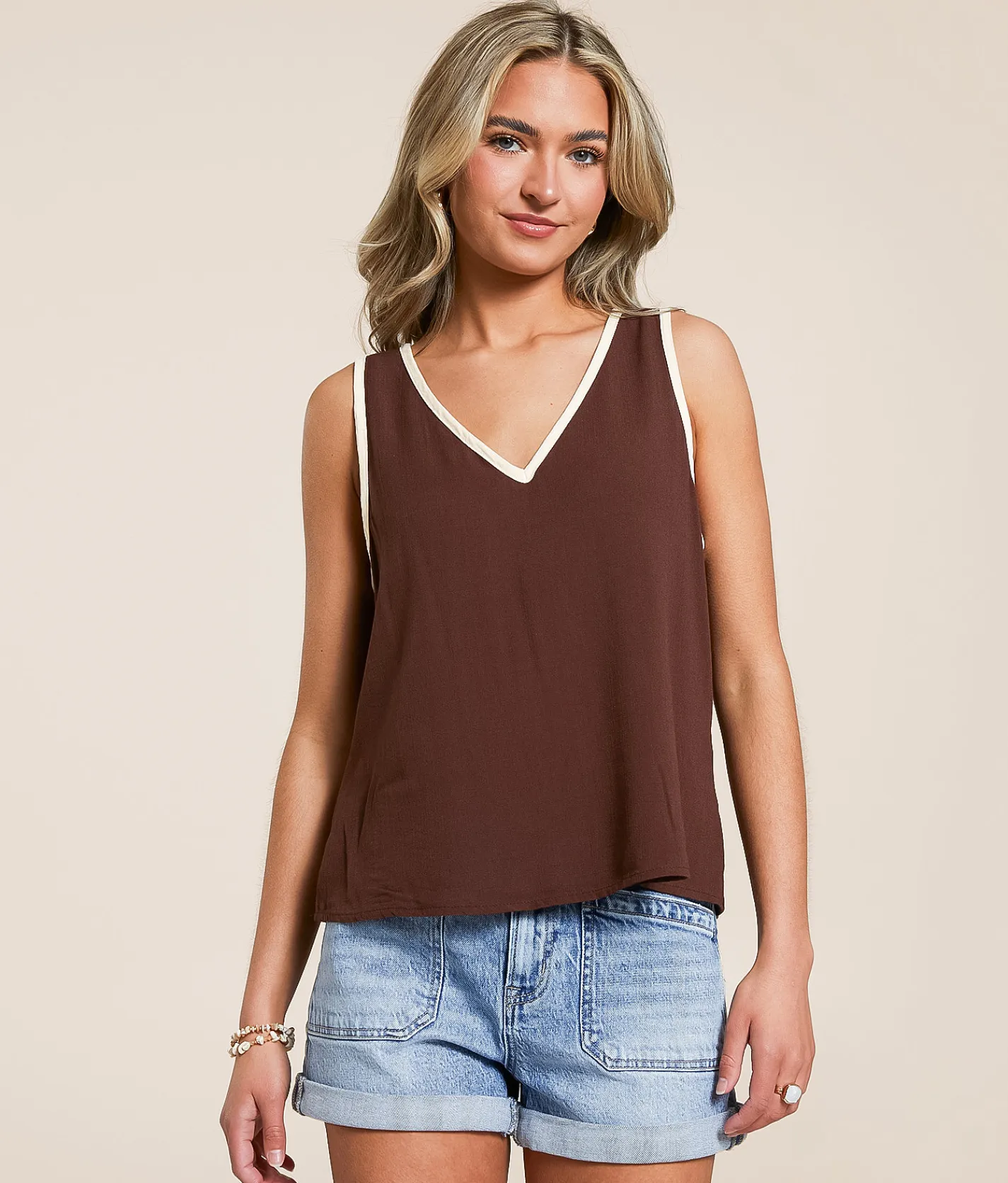 Blu Pepper Contrast Trim Tank Top Puce Cream Best