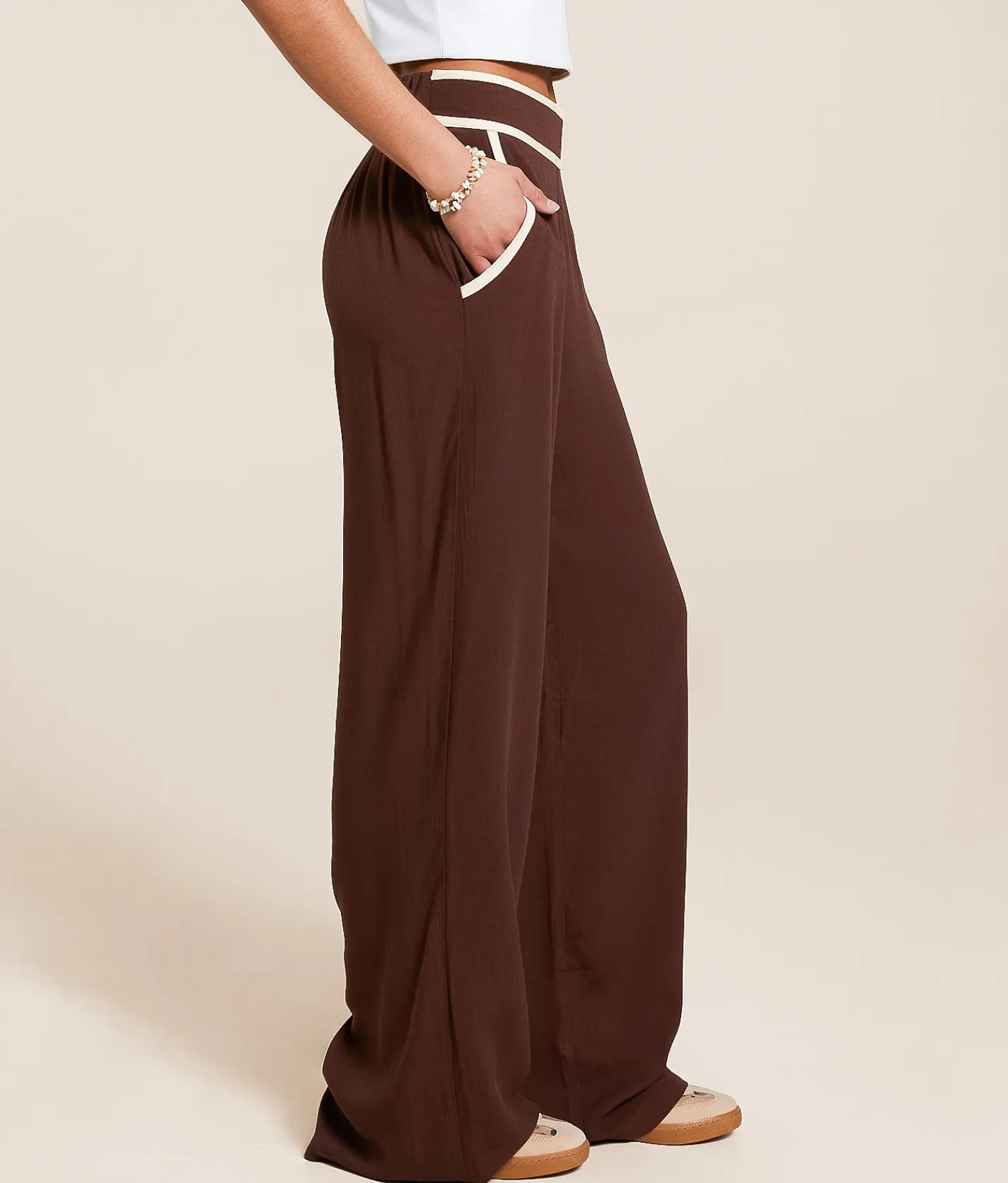 Bottoms | Blu Pepper Contrast Trim Wide Leg Trouser Pant Puce Cream