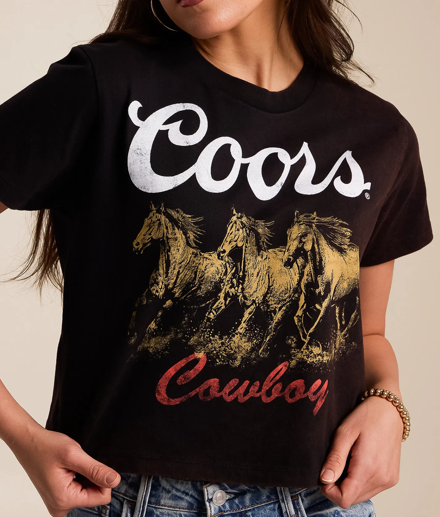 Changes Coors Horses Cowboy Cropped T-Shirt Washed Black Clearance