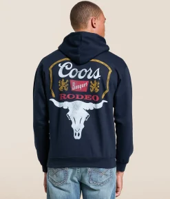 tee luv Coors Longhorn Skull Hooded Sweatshirt Navy Clearance