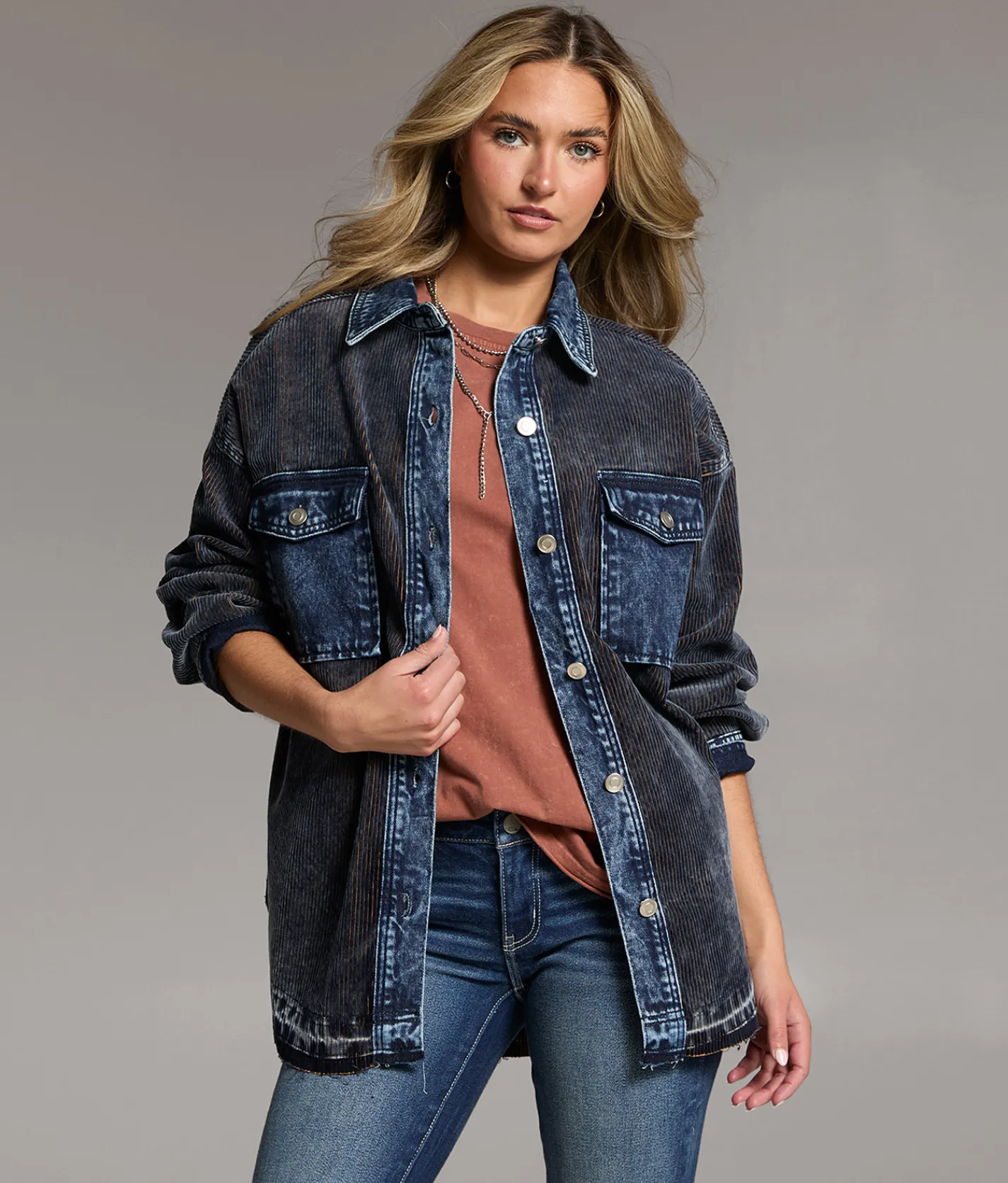 BKE Corduroy Denim Shacket Navy Clearance