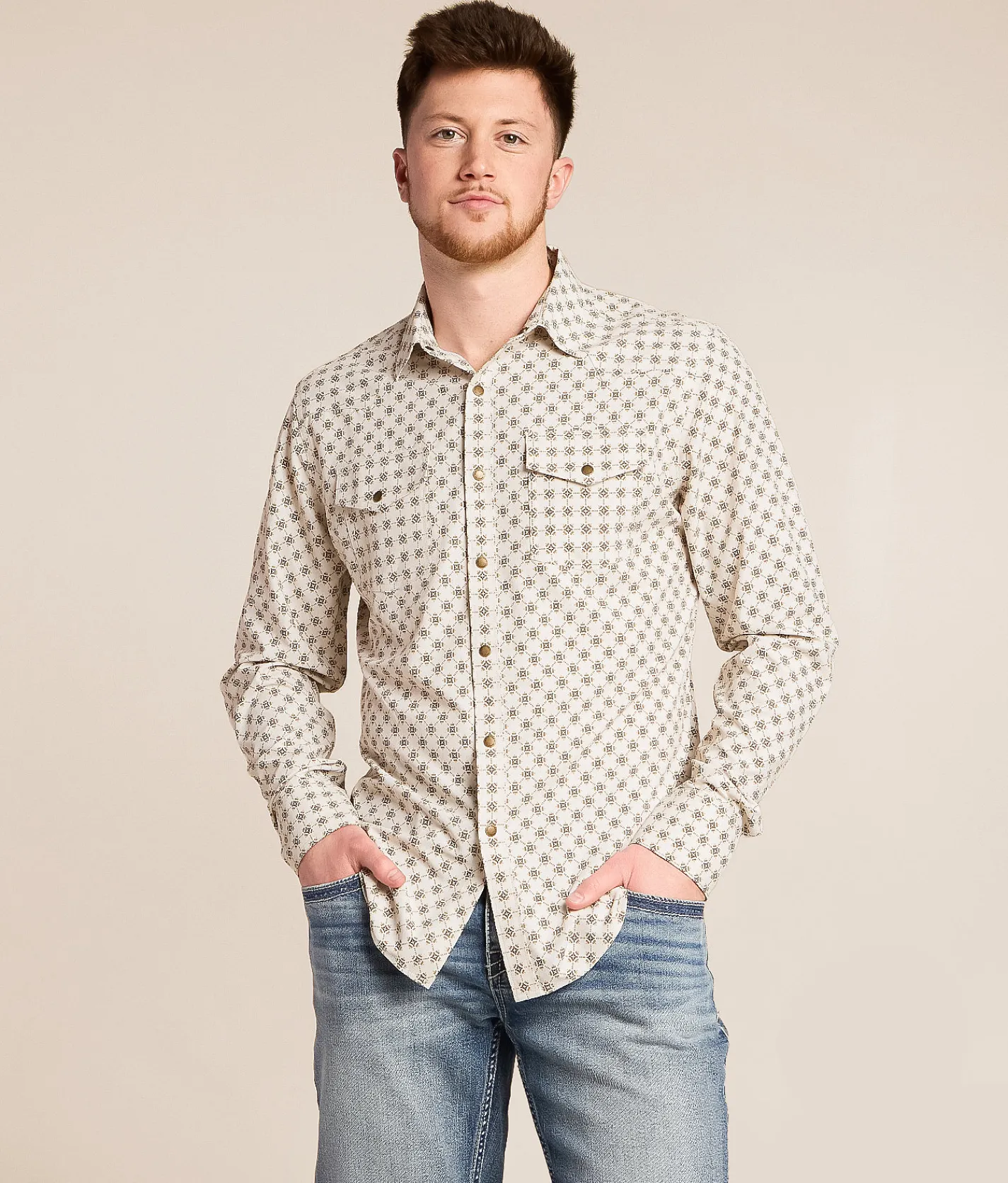 Tops | Gentry County Cowboy Athletic Performance Stretch Shirt Cream Brown