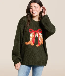 BaeVely Cowboy Boot Oversized Knit Sweater Dark Green Outlet