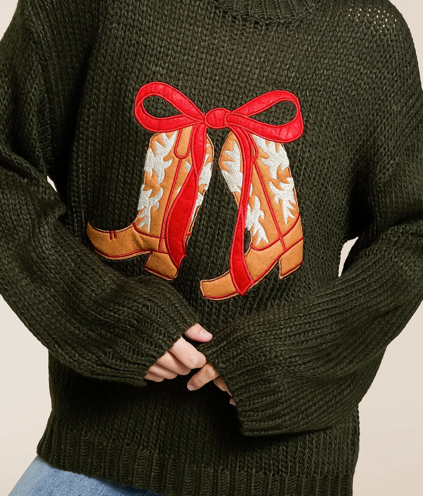 BaeVely Cowboy Boot Oversized Knit Sweater Dark Green Outlet
