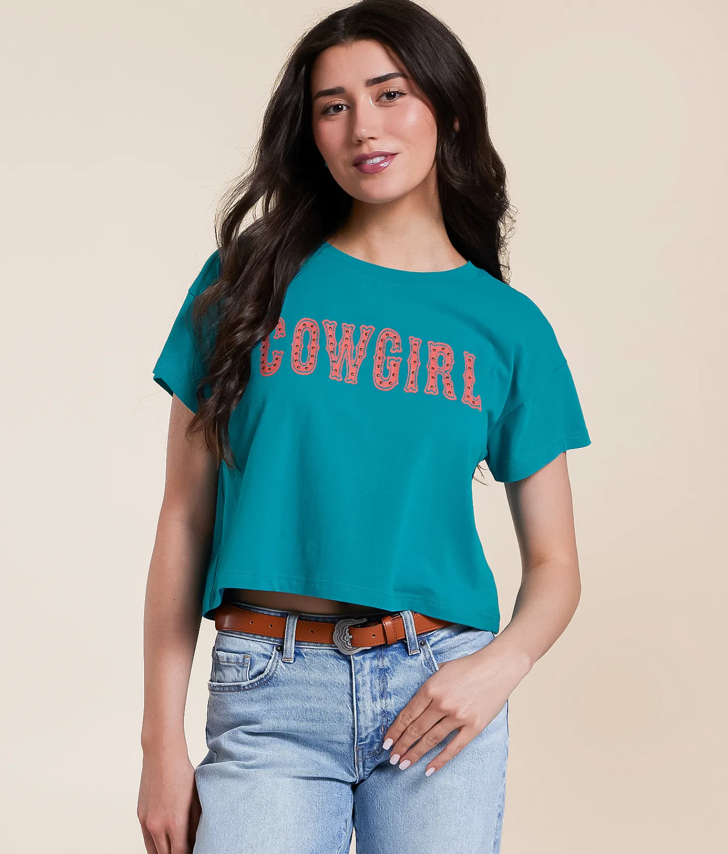 Tops | Ariat Cowgirl Boxy Cropped T-Shirt Enamel Blue