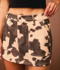 Sterling & Stitch Cow Print Denim Mini Skirt Cream Brown Outlet