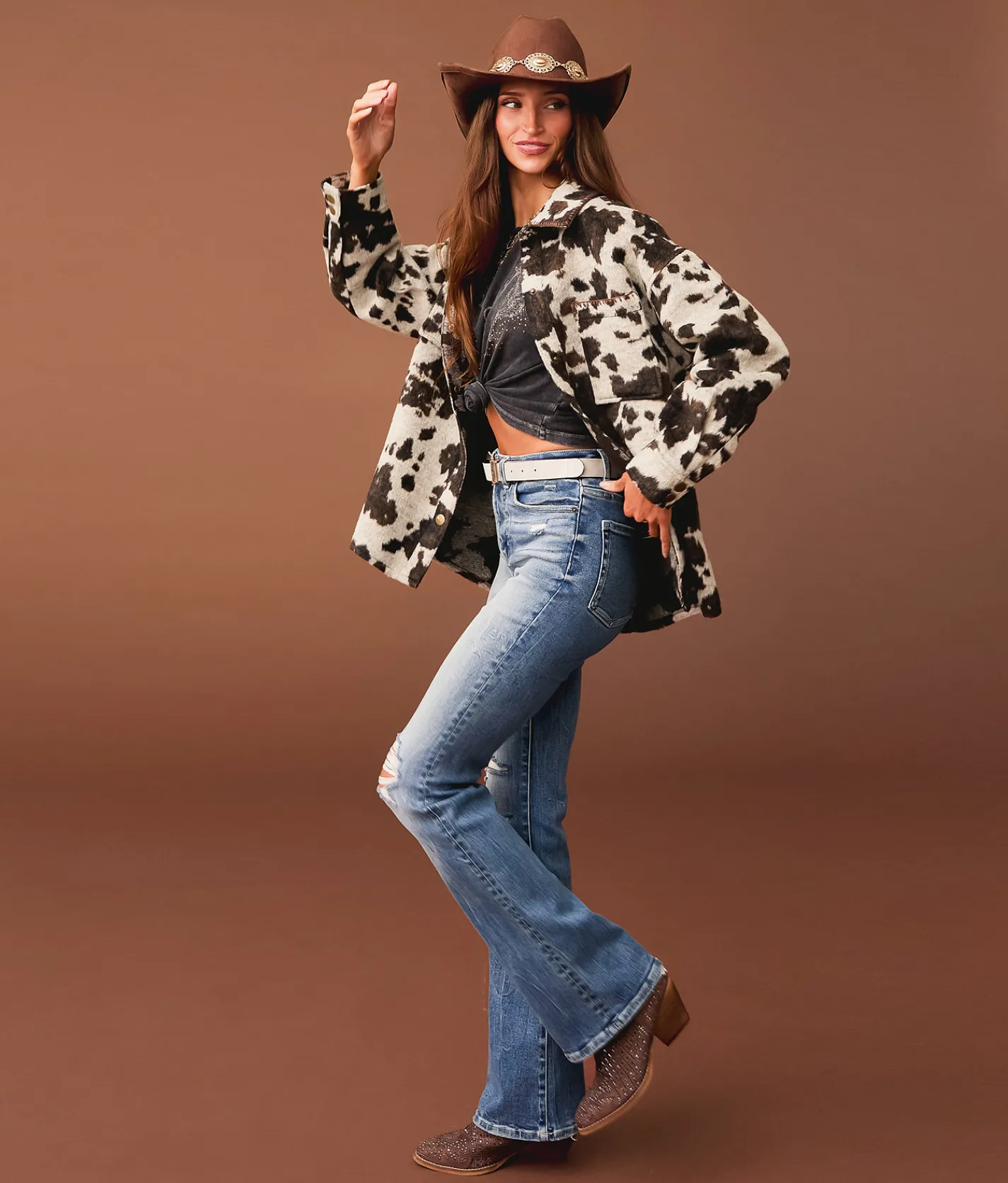 Sterling & Stitch Cow Print Fleece Shacket Brown Multi