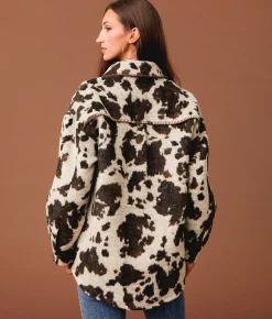 Sterling & Stitch Cow Print Fleece Shacket Brown Multi