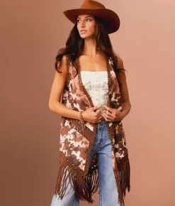 Tops | Sterling & Stitch Cow Print Fringe Vest Brown Multi