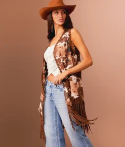 Tops | Sterling & Stitch Cow Print Fringe Vest Brown Multi