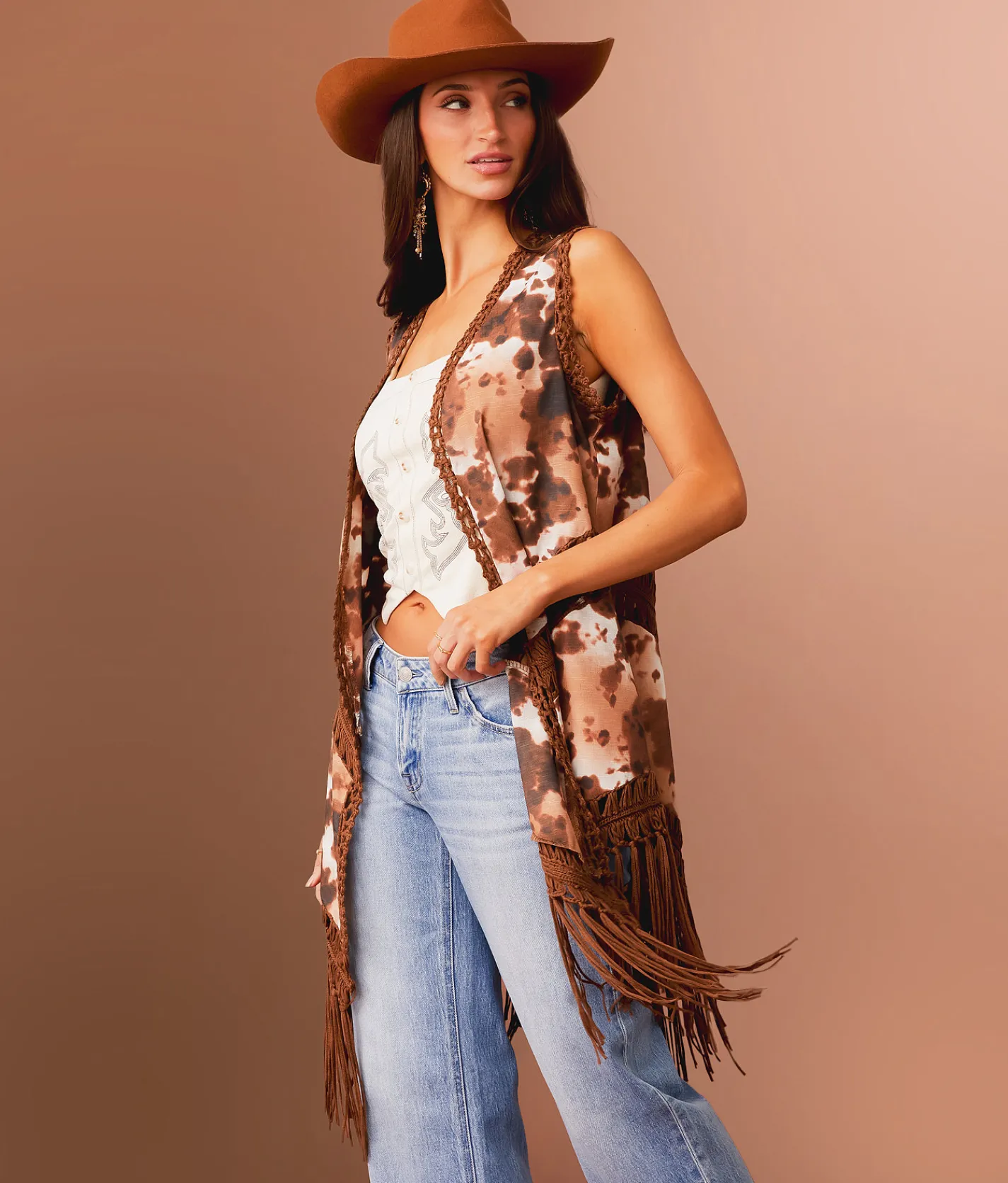 Tops | Sterling & Stitch Cow Print Fringe Vest Brown Multi