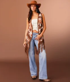 Tops | Sterling & Stitch Cow Print Fringe Vest Brown Multi