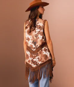 Tops | Sterling & Stitch Cow Print Fringe Vest Brown Multi