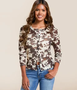 Tops | Willow & Root Cow Print Mesh Shirt Brown Cream