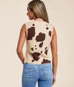 LE LIS Cow Print Sweater Tank Top Cream Brown Clearance