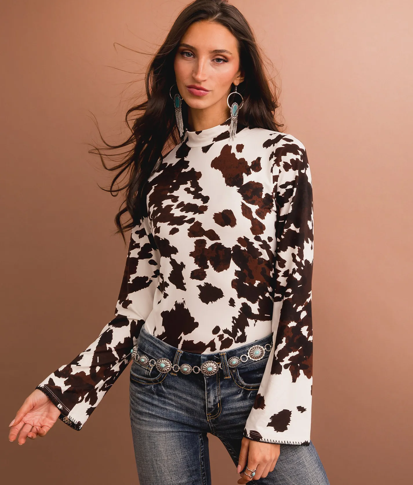 Tops | Sterling & Stitch Cow Print Top Brown Ivory