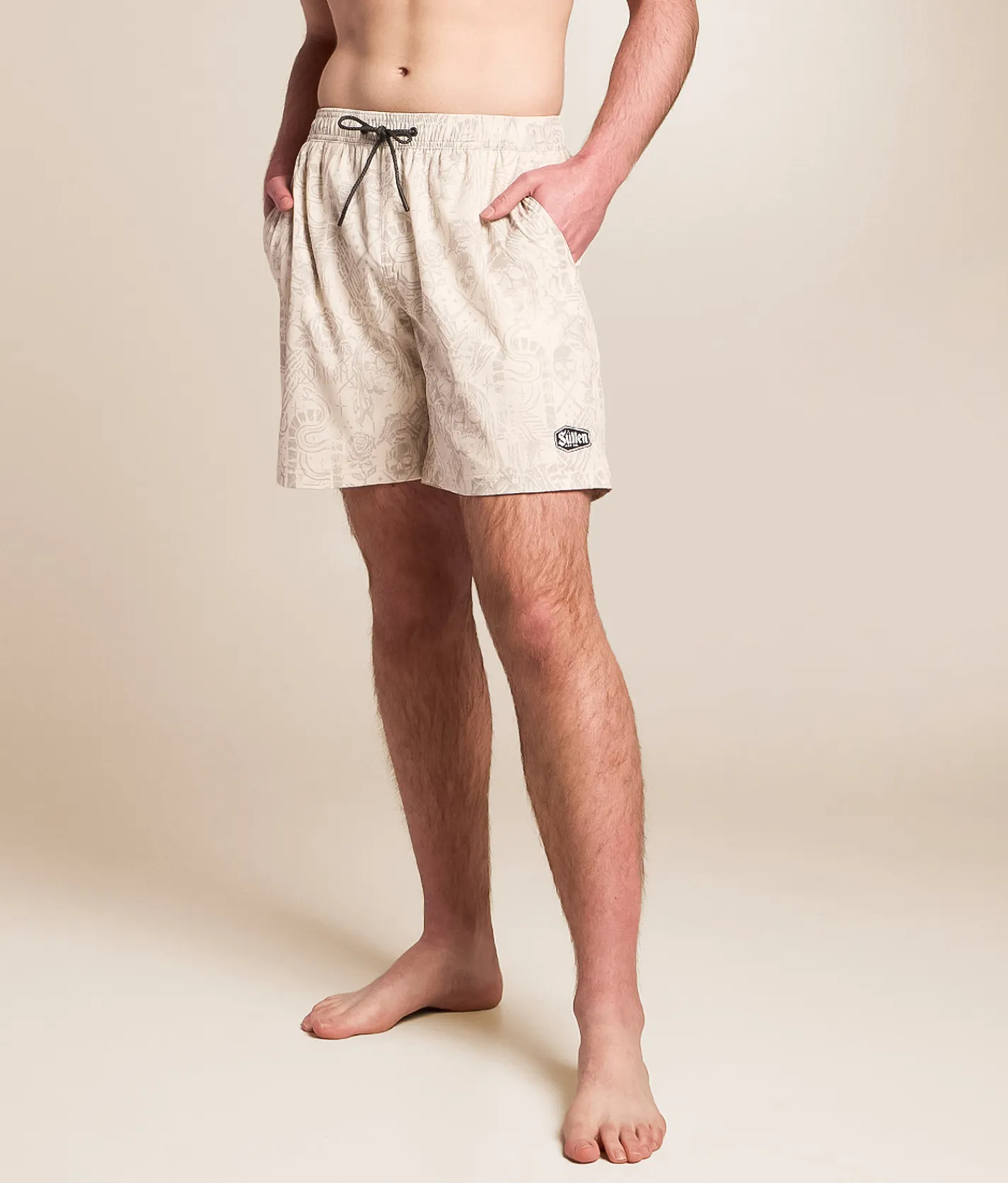 Bottoms|Swimwear | Sullen Creeping Death Stretch Swim Trunks Off White