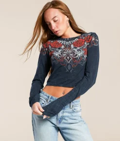 Tops | Affliction Crimson Temple Cropped T-Shirt Black Lava Wash