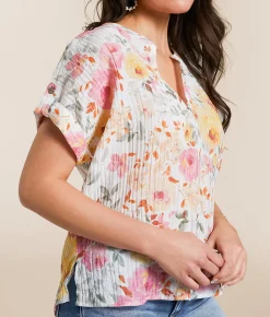 Daytrip Crinkle Floral Top Cream Multi Clearance