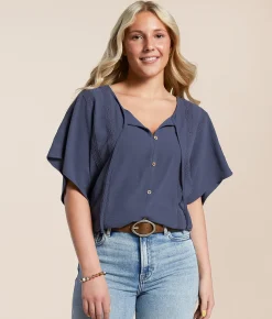 Daytrip Crinkle Front Tie Top Navy Sale