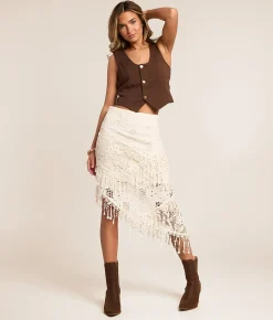Bottoms | Miss Me Crochet Asymmetrical Midi Skirt Cream White