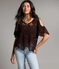 BKE Crochet Cold Shoulder Top Brown Hot