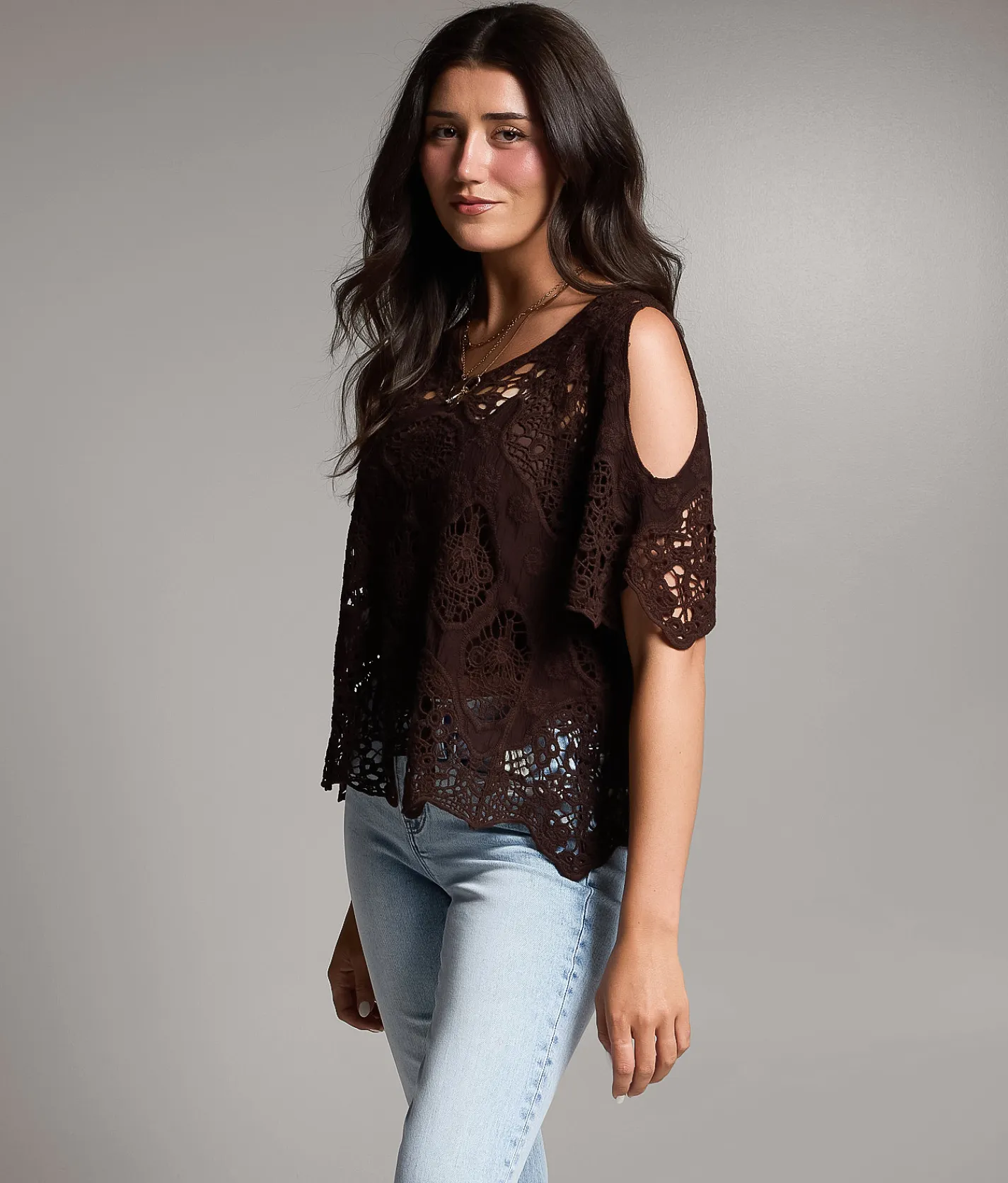 BKE Crochet Cold Shoulder Top Brown Hot