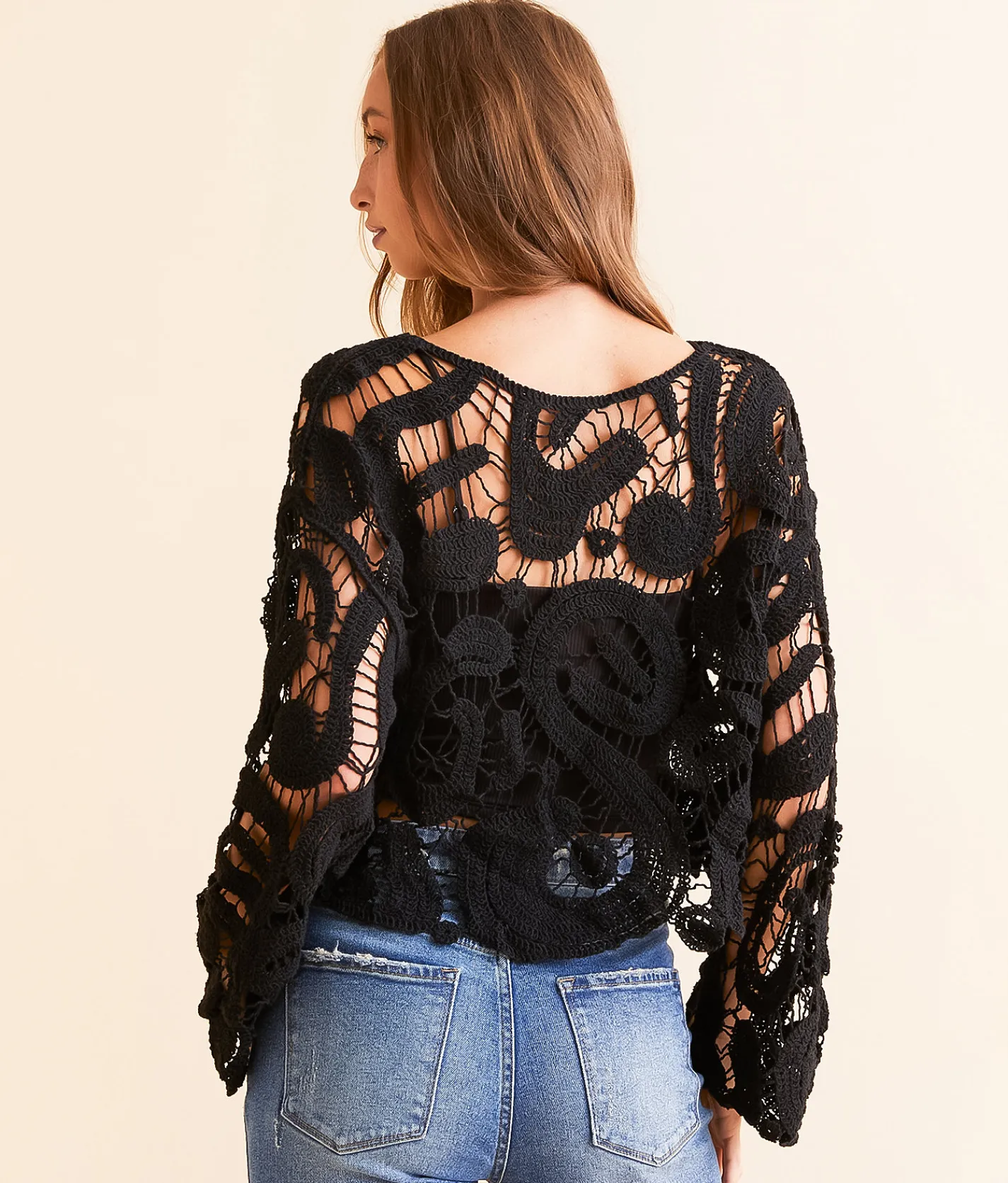 Tops | Veveret Crochet Cropped Sweater Black