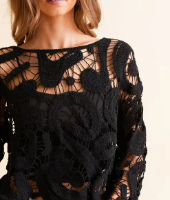 Tops | Veveret Crochet Cropped Sweater Black