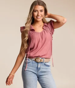 Blu Pepper Crochet Flutter Sleeve Top Dusty Rose Best