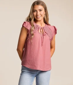Blu Pepper Crochet Flutter Sleeve Top Dusty Rose Best