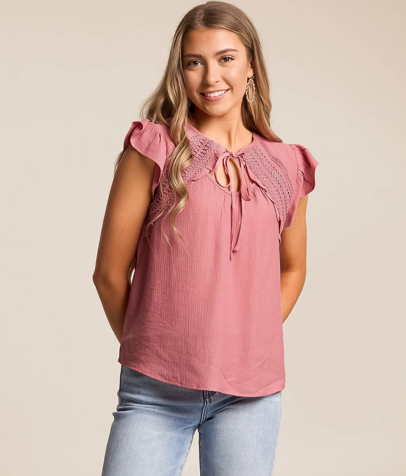 Blu Pepper Crochet Flutter Sleeve Top Dusty Rose Best