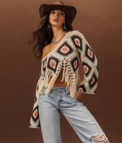 Tops | Sterling & Stitch Crochet Fringe Cropped Sweater Brown Cream Multi