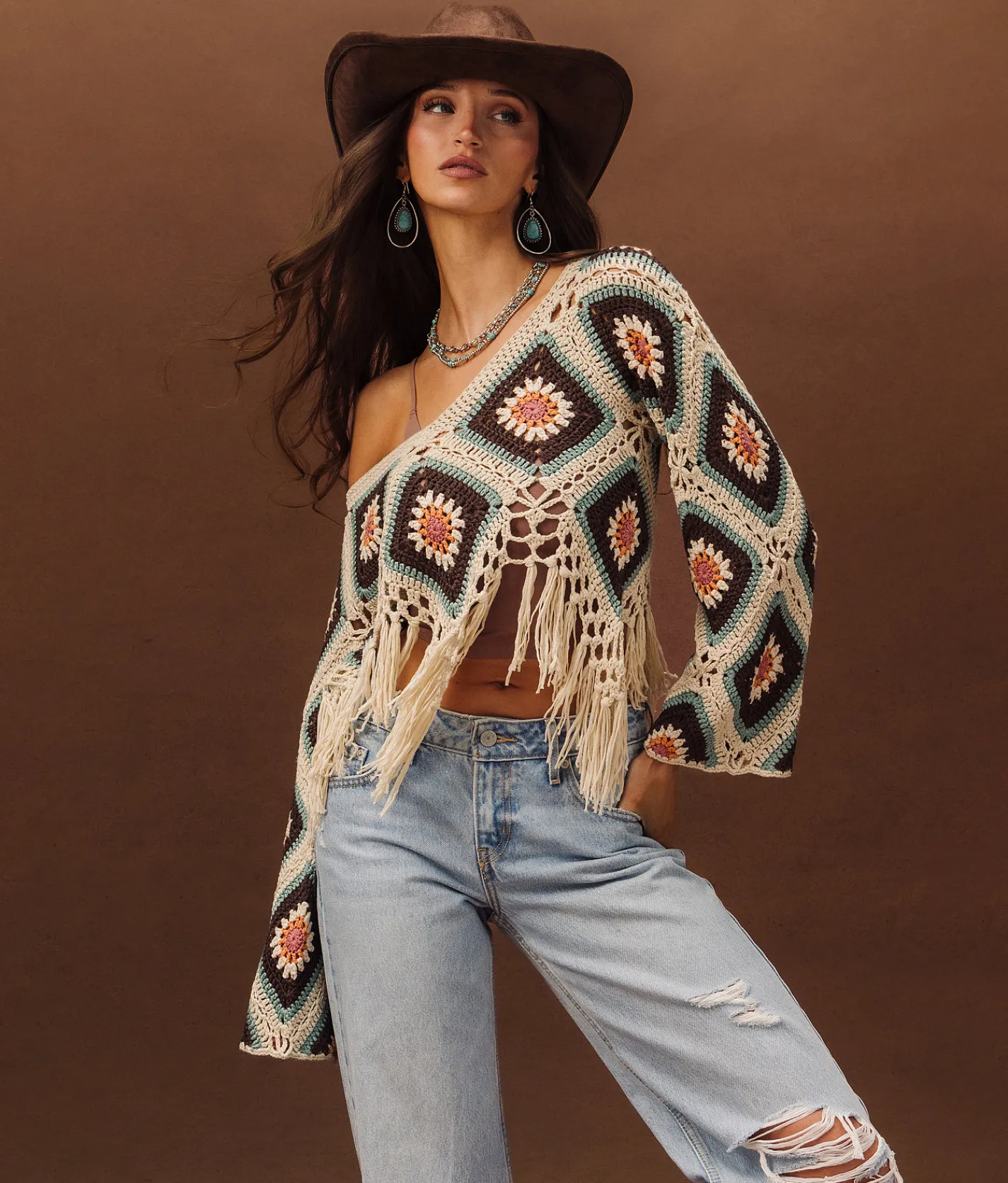 Tops | Sterling & Stitch Crochet Fringe Cropped Sweater Brown Cream Multi