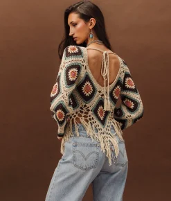 Tops | Sterling & Stitch Crochet Fringe Cropped Sweater Brown Cream Multi
