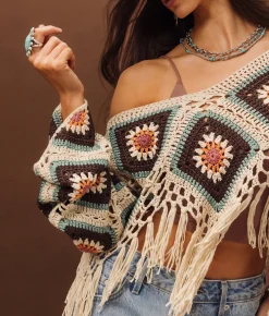 Tops | Sterling & Stitch Crochet Fringe Cropped Sweater Brown Cream Multi