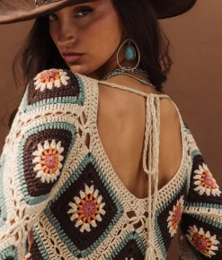 Tops | Sterling & Stitch Crochet Fringe Cropped Sweater Brown Cream Multi